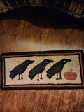 #PCDF23 Primitive "3 CROWS With Pumpkin  🎃 Hooked Wool Rug ~ Made In USA